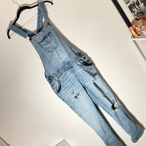American Rag Small Denim Distressed Overalls with pockets busted knee